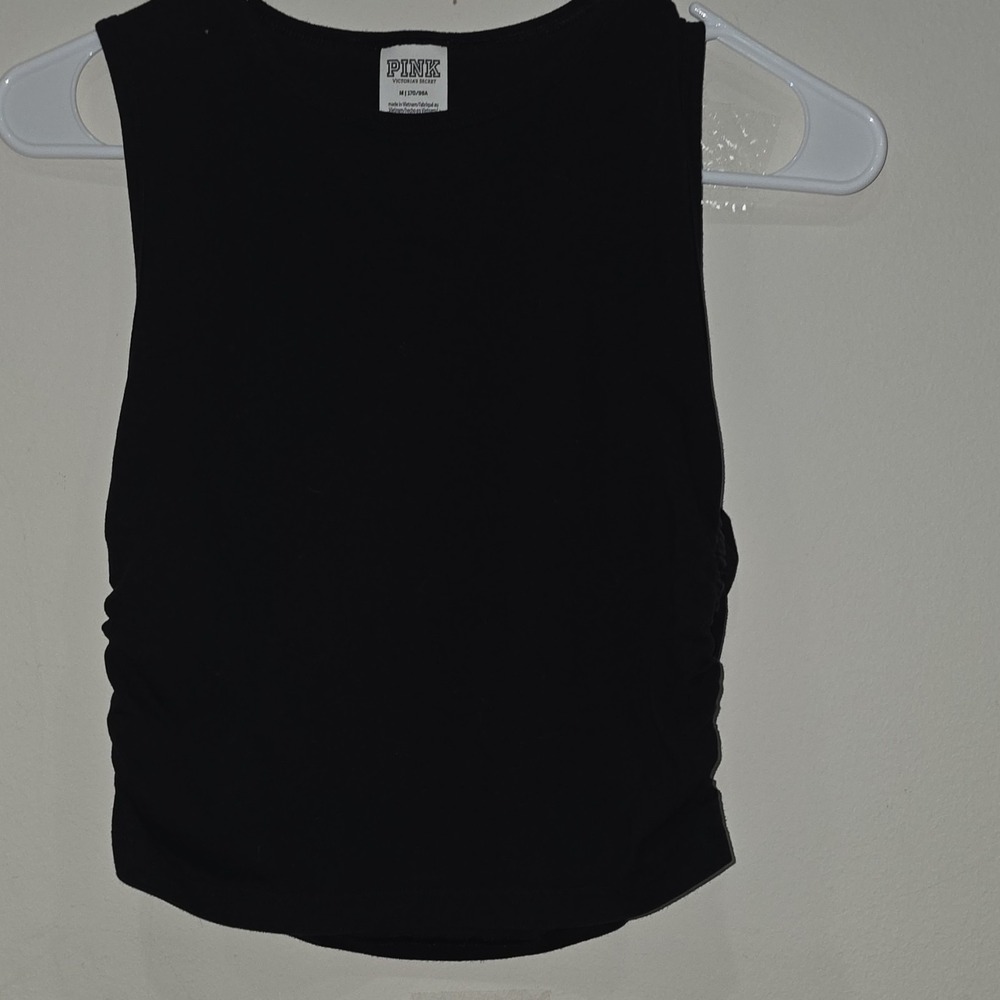 PINK Victoria's Secret Women's Black Ruched Sleeveless Crew Neck Knit Tank Top M